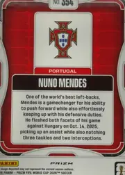 Back of 2026 Panini Prizm FIFA World Cup Soccer Nuno Mendes #554, portrait-oriented card back. A centered upper white panel shows the Portugal crest, with PORTUGAL printed beneath it in a red strip. Below is a…