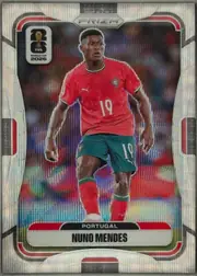 Front of 2026 Panini Prizm FIFA World Cup Soccer Nuno Mendes #554, portrait soccer card front. A full-body image of Nuno Mendes in Portugal's red-and-green kit is centered. The FIFA World Cup 2026 emblem appears at…