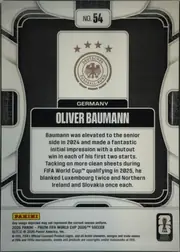 Back of 2026 Panini Prizm FIFA World Cup Soccer Oliver Baumann #54, portrait-format card back with a predominantly black central panel framed by white and gray/silver rounded geometric borders. A white upper panel…