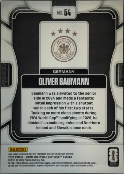 Back of 2026 Panini Prizm FIFA World Cup Soccer Oliver Baumann #54, portrait-format card back with a predominantly black central panel framed by white and gray/silver rounded geometric borders. A white upper panel…