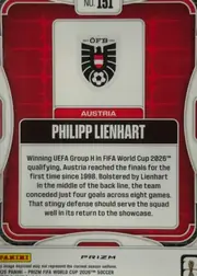 Back of 2026 Panini Prizm FIFA World Cup Soccer Philipp Lienhart #151, upright portrait-format card back. A red geometric patterned field surrounds a large white central panel. Near the top is the Austria Football…