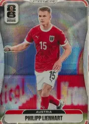 Front of 2026 Panini Prizm FIFA World Cup Soccer Philipp Lienhart #151, upright portrait soccer card showing Philipp Lienhart in an Austria red uniform, wearing number 15, on a colorful stadium background. A FIFA WORLD…