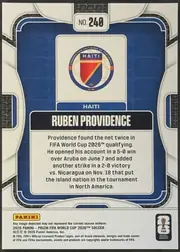 Back of 2026 Panini Prizm FIFA World Cup Soccer Ruben Providence #240 Rookie Card, upright portrait-format card back. A white outer border surrounds a blue and black geometric frame with rounded inner corners. The top center has a…