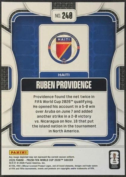Back of 2026 Panini Prizm FIFA World Cup Soccer Ruben Providence #240 Rookie Card, upright portrait-format card back. A white outer border surrounds a blue and black geometric frame with rounded inner corners. The top center has a…