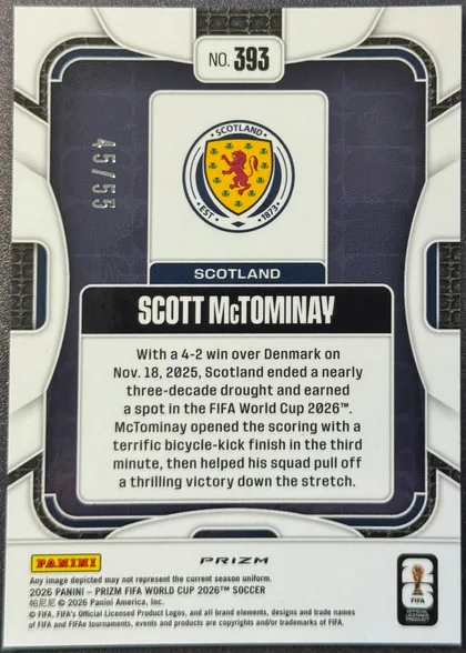 Back of 2026 Panini Prizm FIFA World Cup Soccer Scott McTominay #393 Blue Wave Prizm /55, upright portrait-format card back. A dark navy central field is surrounded by layered white, black, navy, and silver geometric borders. Card number…