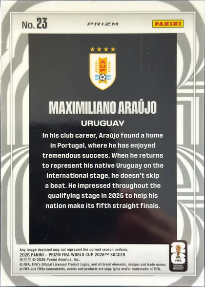 Back of 2026 Panini Prizm FIFA World Cup Soccer Screamers #23 Screamers, upright portrait-format card back. A white outer border contains gray geometric and circular patterned elements around a large black central panel…