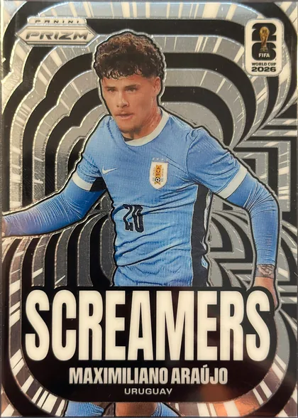 Front of 2026 Panini Prizm FIFA World Cup Soccer Screamers #23 Screamers, portrait-format soccer card front. A large image of a Uruguay player in a light blue jersey is centered over a black, silver, and white…