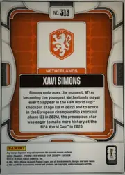 Back of 2026 Panini Prizm FIFA World Cup Soccer XAVI SIMONS #313 Base, upright portrait-oriented card back. Card number "NO. 313" is centered at the top. The central orange-red design contains a white panel with the…