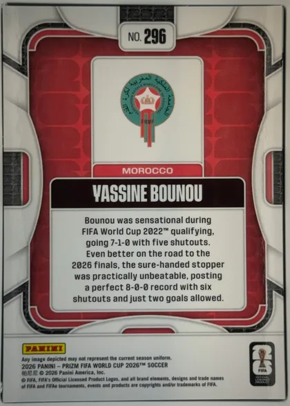 Back of 2026 Panini Prizm FIFA World Cup Soccer Yassine Bounou #296, upright portrait-oriented card back. A silver-white and black patterned outer frame surrounds a red inset panel with rounded corners and thin white…