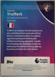 Back of 2026 Topps Chrome Premier League Adrien Truffert #10 Base, portrait-oriented card back. Card number 10 appears at the upper left. The upper and central area uses a blue-to-purple-to-magenta gradient with a…