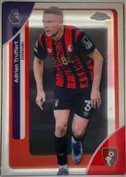 Front of 2026 Topps Chrome Premier League Adrien Truffert #10 Base, portrait football card front showing Adrien Truffert in an AFC Bournemouth red-and-black striped kit. His name appears vertically on the dark purple…