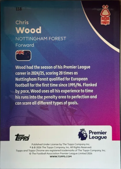 Back of 2026 Topps Chrome Premier League Chris Wood #158 Refractor, upright portrait-oriented card back. Card number 158 appears at the upper left. The upper portion uses a blue-to-purple gradient with a dark purple…
