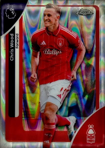 Front of 2026 Topps Chrome Premier League Chris Wood #158 Refractor, front of a soccer card. A central portrait-orientation photograph shows a smiling male player with short blond hair running, wearing a red Adidas…