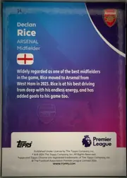 Back of 2026 Topps Chrome Premier League Declan Rice #14, upright portrait-oriented card back. The upper-left area shows card number 14, followed by the large white player name Declan Rice, team name…