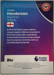 Back of 2026 Topps Chrome Premier League Jordan Henderson #39 Base, upright portrait-oriented statistics/biography back. Card number 39 appears near the upper-left. The upper and central area uses a blue-to-purple…