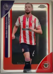 Front of 2026 Topps Chrome Premier League Jordan Henderson #39 Base, front of a soccer card. A central action photo shows a bearded player in a red-and-white vertically striped Brentford jersey with 'HOLLYWOOD bets'…