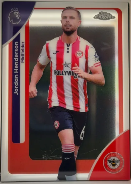 Front of 2026 Topps Chrome Premier League Jordan Henderson #39 Base, front of a soccer card. A central action photo shows a bearded player in a red-and-white vertically striped Brentford jersey with 'HOLLYWOOD bets'…
