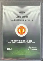 Back of 2026 Topps Chrome Premier League Leny Yoro #MNL-29 Base Insert, back of a portrait-oriented soccer card. A small black card code, "MNL-29," is centered near the top, followed by the large player name "LENY YORO"…