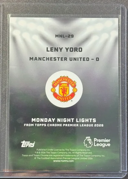 Back of 2026 Topps Chrome Premier League Leny Yoro #MNL-29 Base Insert, back of a portrait-oriented soccer card. A small black card code, "MNL-29," is centered near the top, followed by the large player name "LENY YORO"…
