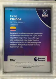Back of 2026 Topps Chrome Premier League Soccer Cards Daniel Muñoz #80 Base, upright portrait-oriented card back. The upper-left shows card number 80, followed by the player name Daniel Muñoz in large white type, Crystal…
