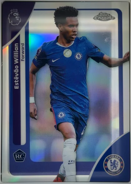 Front of 2026 Topps Chrome Premier League Soccer Cards Estêvão Willian #68 Refractor, portrait soccer card showing Estêvão Willian in a blue Chelsea kit running with a ball out of frame. The player name appears vertically on the left…