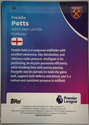 Back of 2026 Topps Chrome Premier League Soccer Cards Freddie Potts #186, upright portrait-format card back. Card number 186 appears near the upper-left. The upper section uses a blue, purple, and magenta gradient with…