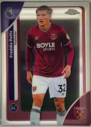 Front of 2026 Topps Chrome Premier League Soccer Cards Freddie Potts #186, portrait football card front. A full-body photograph of Freddie Potts in a West Ham United maroon kit occupies the central image area. A vertical…