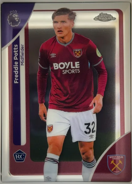 Front of 2026 Topps Chrome Premier League Soccer Cards Freddie Potts #186, portrait football card front. A full-body photograph of Freddie Potts in a West Ham United maroon kit occupies the central image area. A vertical…