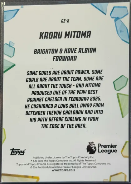 Back of 2026 Topps Chrome Premier League Soccer Cards Kaoru Mitoma #GZ-2 Rainbow foil, upright portrait-oriented card back. A centered black card number appears near the top, followed by the large player name Kaoru Mitoma and the team…