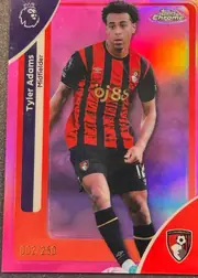 Front of 2026 Topps Chrome Premier League Soccer Cards Tyler Adams #2 Pink parallel /250, serial numbered 002/250, portrait soccer card featuring Tyler Adams in an AFC Bournemouth red-and-black striped kit. His name appears vertically in a dark navy panel along…
