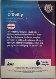 Back of 2026 Topps Chrome Premier League Soccer Nico O’Reilly #130, upright portrait-oriented card back. Card number 130 appears at the upper-left. The upper section uses a blue-to-purple gradient with geometric…