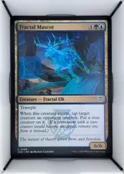 Front of 2026 Wizards of the Coast Secrets of Strixhaven Fractal Mascot #0189 normal, front of a Magic: The Gathering card in portrait orientation, lying in a black holder within a white box. Top tan title bar reads 'Fractal Mascot'…