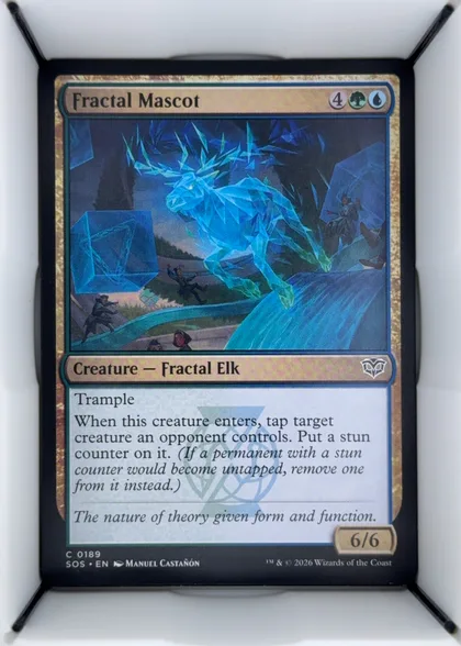 Front of 2026 Wizards of the Coast Secrets of Strixhaven Fractal Mascot #0189 normal, front of a Magic: The Gathering card in portrait orientation, lying in a black holder within a white box. Top tan title bar reads 'Fractal Mascot'…