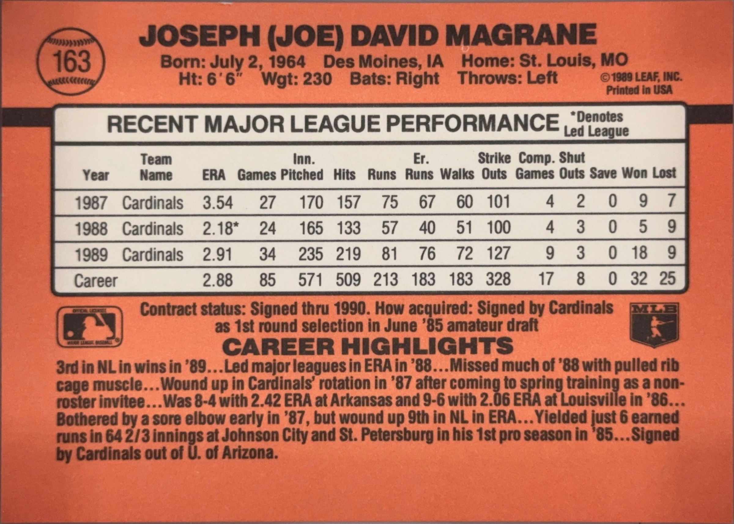 Joe Magrane, Standard, back