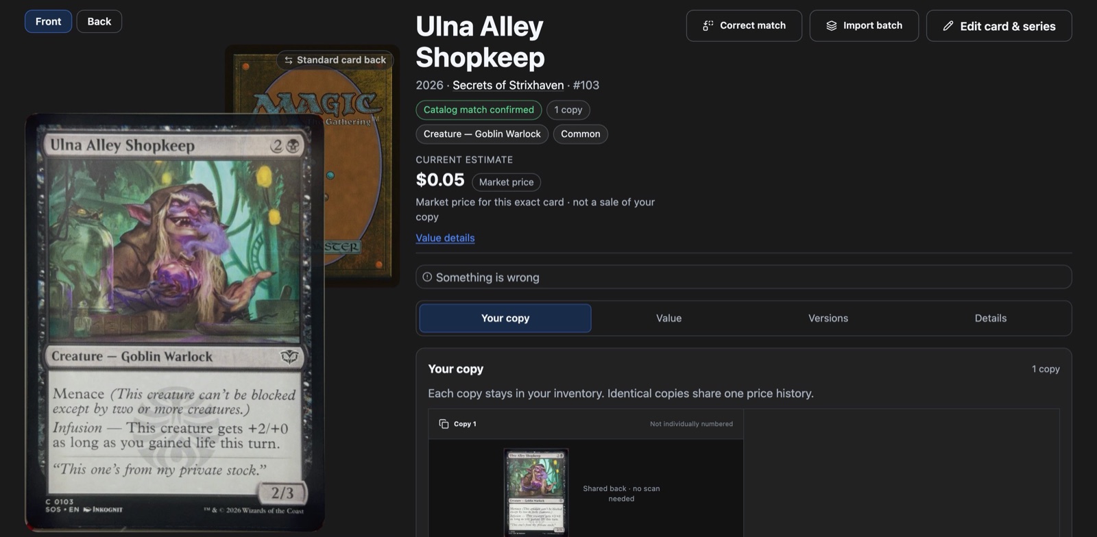 CardBox card page for a Magic card with its scan, confirmed catalog match, current estimate and Something is wrong control