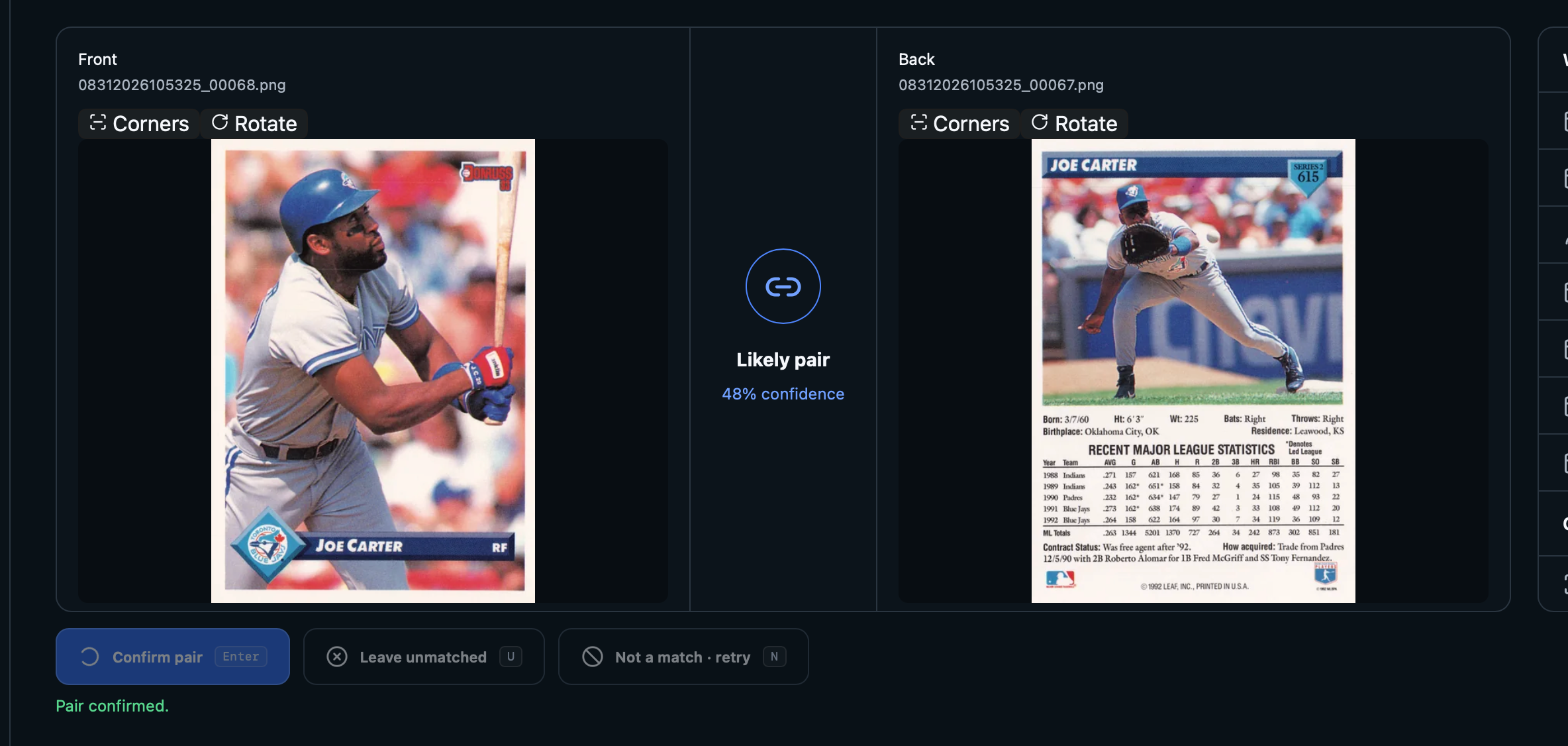 CardBox pairing review showing upright Joe Carter card front and back images and a likely-pair confidence result